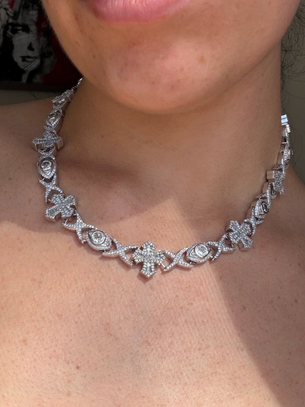 AUTHENTIC SHOP GLD Baguette Cross Evil Eye Necklace in White Gold - 16mm OG $370